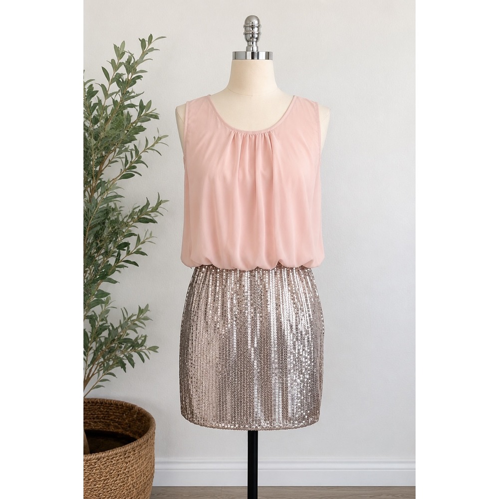 AUW Sequin Blouson Mini Dress S Pink Silver Sleevles party glam Dance Club vegas